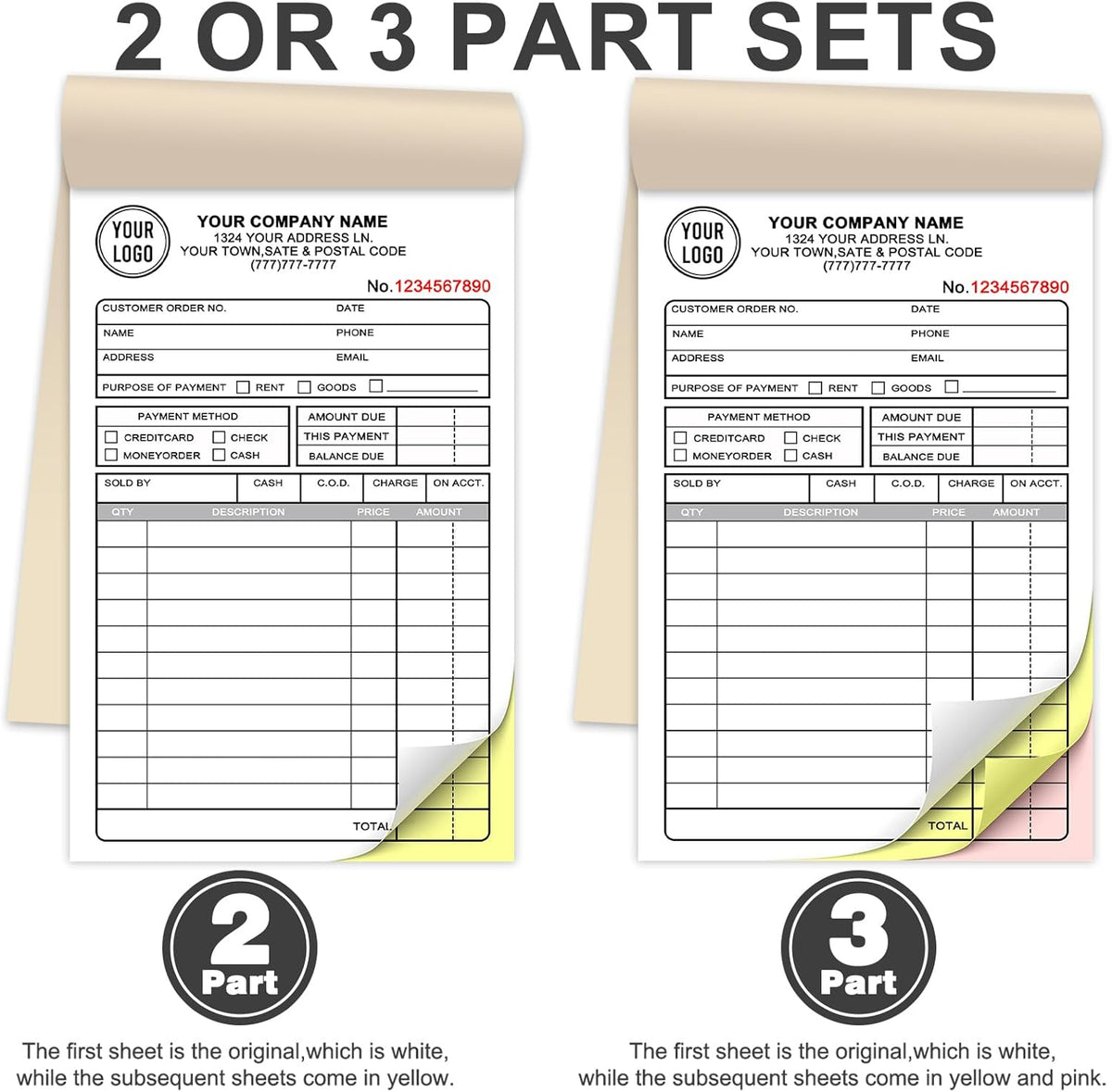 Custom Invoice Receipt Book for Small Business 4.25x7" Personalized 2-Part Contractor Duplicate Carbonless Sales Forms with Company Name Address Phone Number 100 Sets