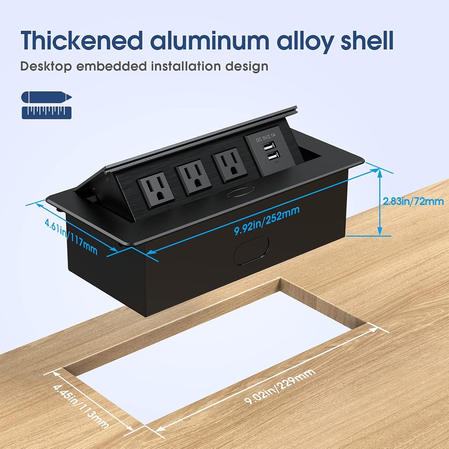 KYHSHJ Connection Box Desktop Pop Up Outlet with 2 USB Ports & 3 Outlets(Black)