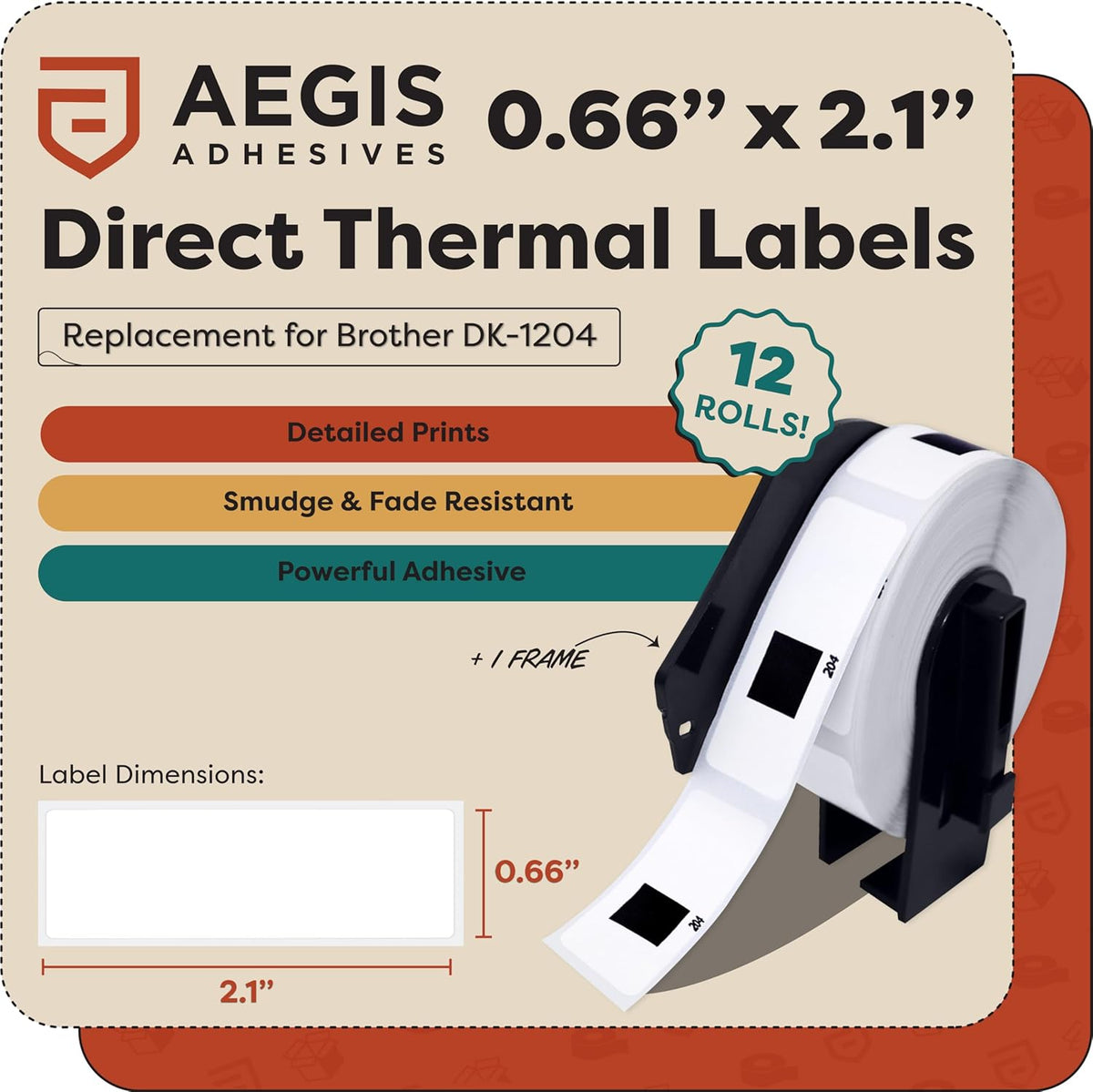Aegis Adhesives - Compatible Label Replacement for Brother DK-1204 (0.66" X 2.1”) Multipurpose Return Address, Use with QL Printers - 12 Rolls + 1 Frame