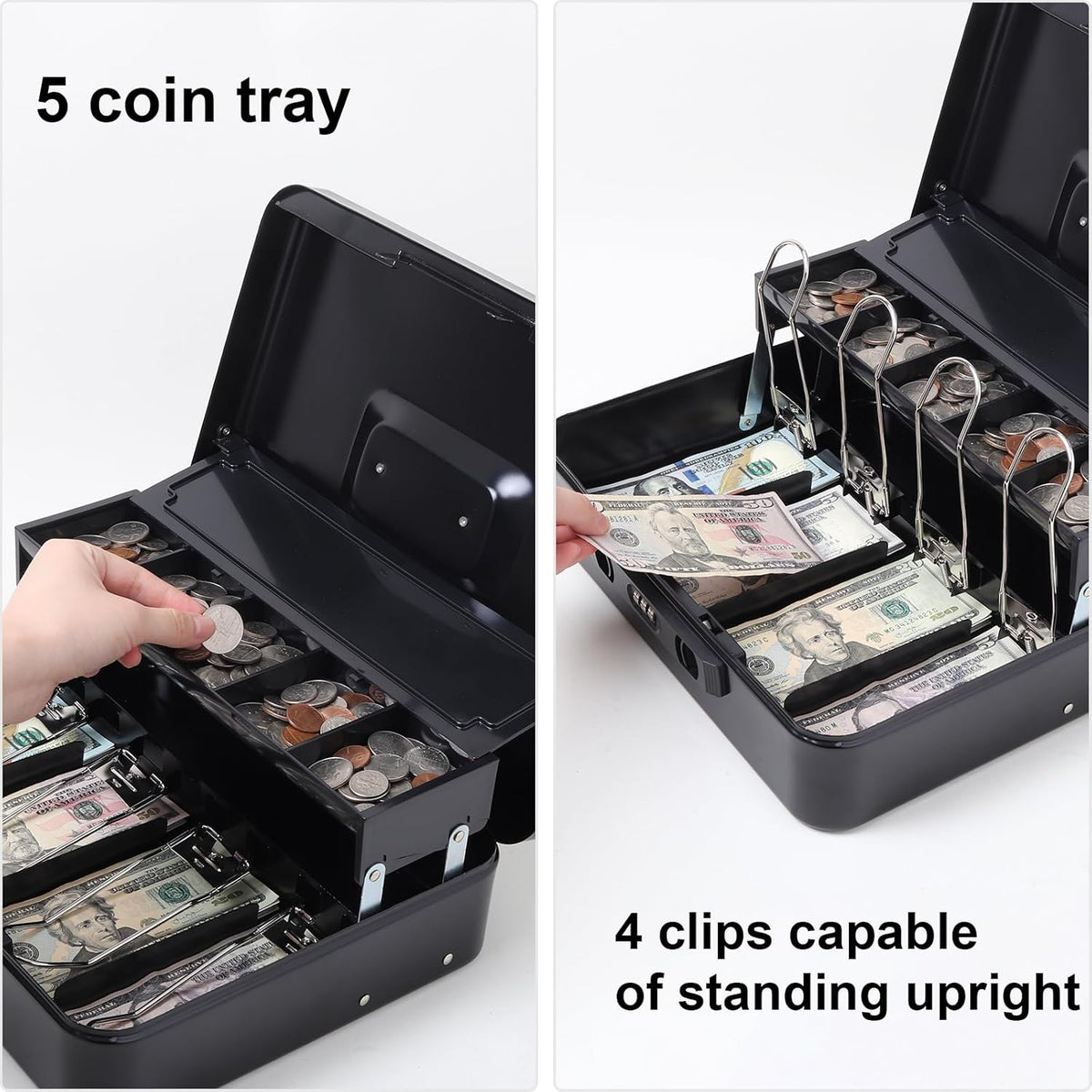 Jssmst Locking Cash Box with Coin Lid, 11.8L x 9.5W x 3.5H Inches, Latch Safe Money Box with Combination Lock, Black