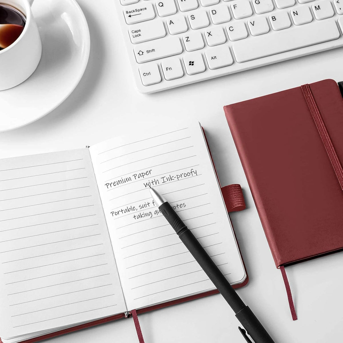 Laumoi Pocket Notebook Journals with Pens A6 Cute Small Journal Notebook Ruled Lined Mini Notepad Hardcover Executive Notebooks Set with Pen Holder for School Office, 3.7 x 5.7 Inch (Burgundy)