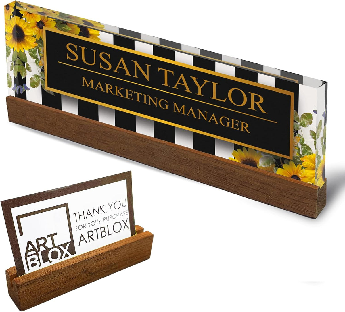 Artblox Office Personalized Name Plate for Desk with Business Card Holder On Clear Acrylic Glass Sunflower Flowers Design Custom Desk Name Plate with Your Name and Credentials Customized Gift