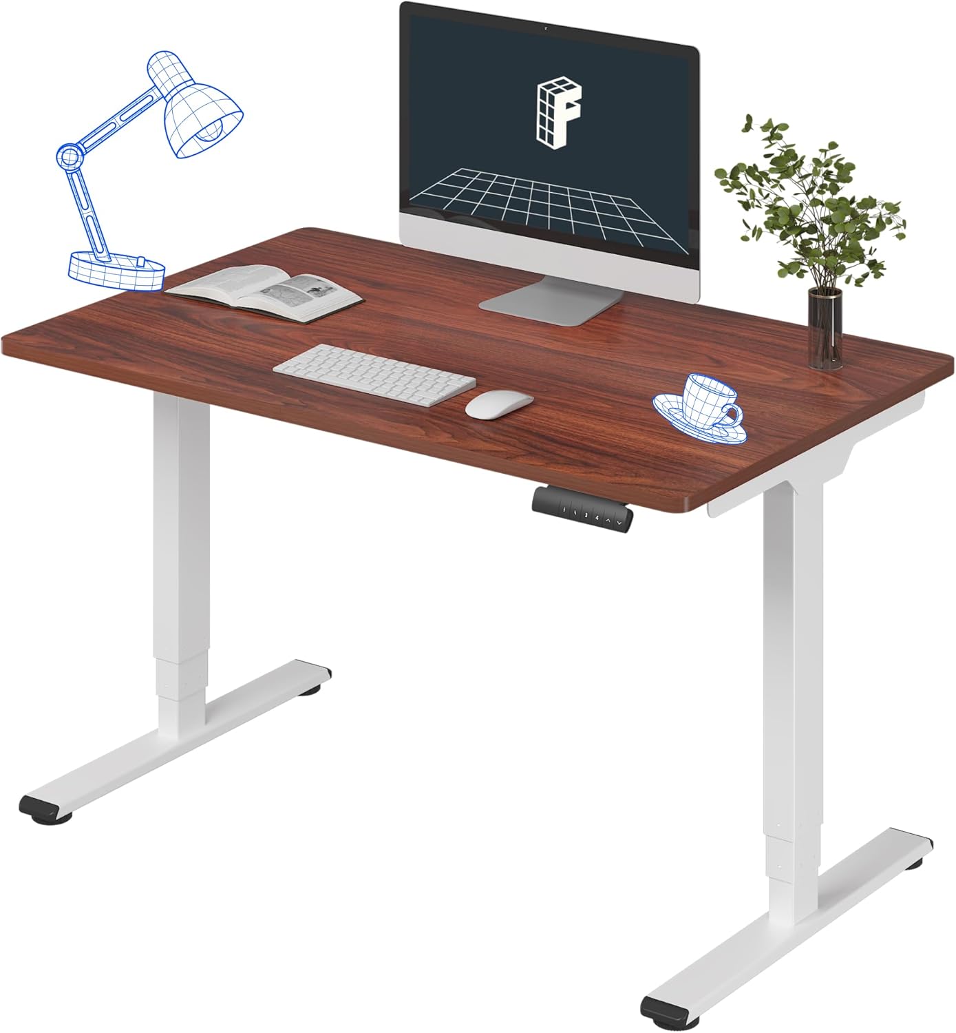 FLEXISPOT E6 Essential 3 Stages Dual Motor Electric Standing Desk 48x30 Inch Whole-Piece Board Height Adjustable Electric Sit Stand Desk(White Frame + Mahogany Desktop, 2 Packages)
