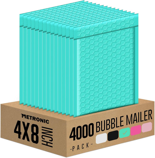Metronic Bubble Mailers 4x8 Inch 4000 Pack Teal Usable Size 4x7'' Waterproof Bubble Mailer Padded Envelopes Self Seal, Cushioning Poly for Packaging, Shipping, Mailing, Small Business Supplies