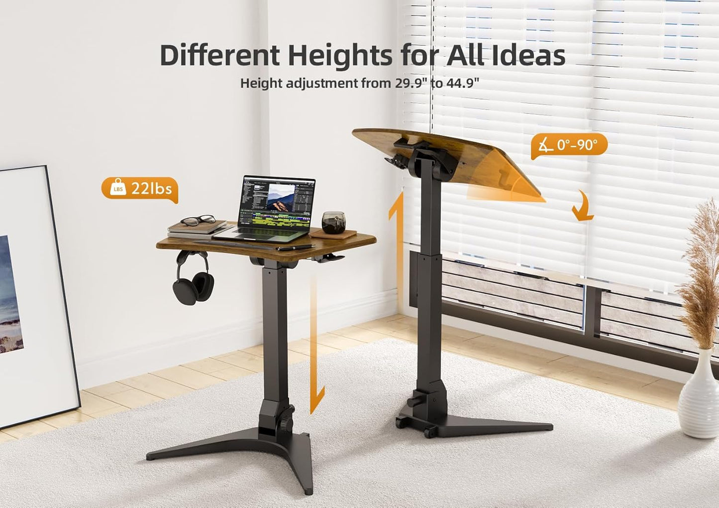 Claiks Mobile Standing Desk, Portable Rolling Sit-Stand Desk with Wheels, Height-Adjustable with 90 Tiltable Top, Foldable Computer Stand, Rustic Brown