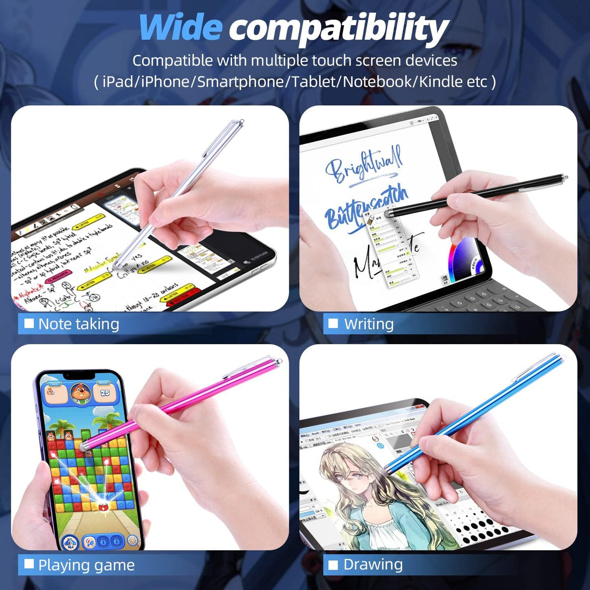 Stylus pens for Touch Screens [5 Pack Long Pen Body] Fiber mesh Tips High Sensitivity & Fine Point Capacitive Pen Compatible for ipad iPhone Android Tablet Laptop Microsoft Surface Chromebook