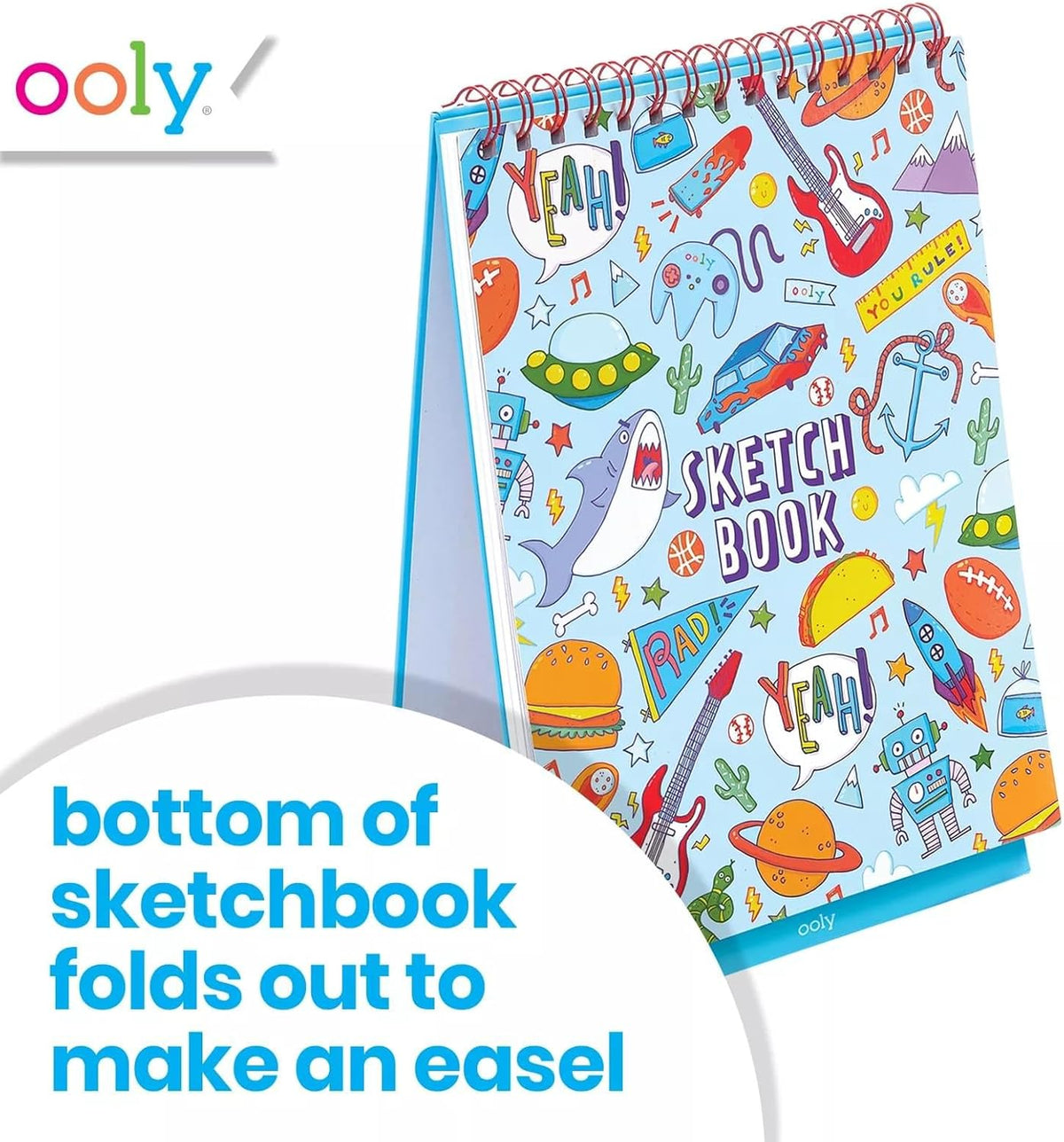 OOLY Sketch and Show Standing Sketchbook, 45 Large 10.5 x 8 Pages, Perforated to be Easily Removed, 120 GSM/ 32lb Perfect for Markers, Colored Pencils, Back to School Supplies - Awesome Doodles