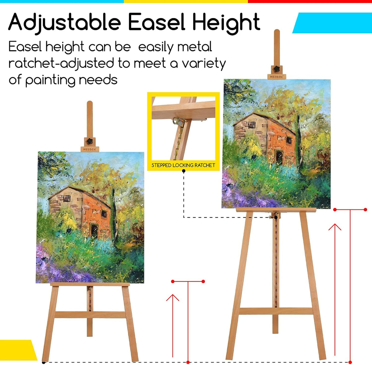 MEEDEN Painting Wooden Art Easel: Solid Beechwood Display Easel Stand Hold Canvas up to 43'' - Adjustable Easel from 57''-76" for Adults Student Studio Gallery - Natural