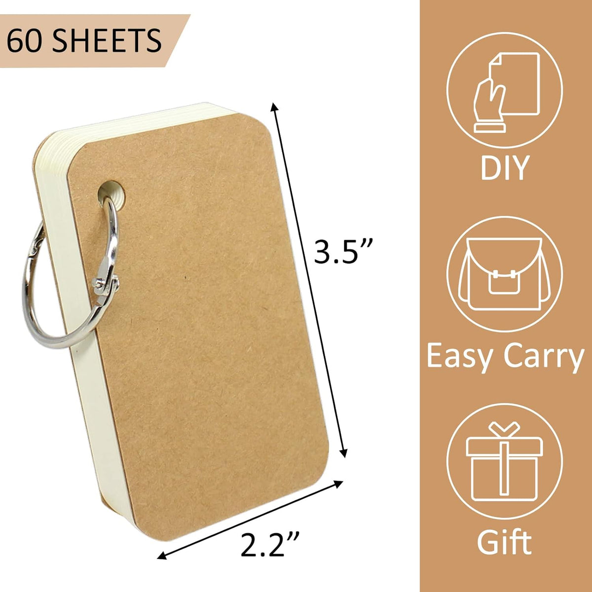 12 Pack Mini Blank Flash Cards with Binder Rings (60 sheets), 2.2 x 3.5 Inches Blank Easy Flip Index Card Mini Study Cards for Studying