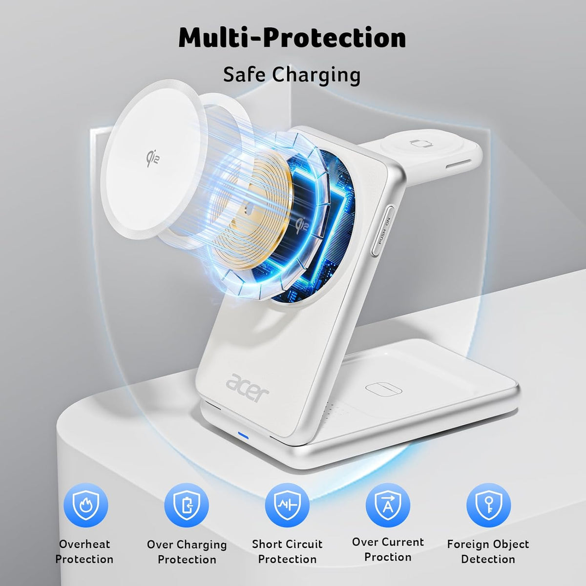Acer Magnetic Wireless Charger, 3 in 1 Wireless Charging Station, 15W Fast MagSafe Charger for iPhone 16 15 14 13 12 Series -Apple Watch 10 9 8 7 6 5 4 3 2 SE and Ultra Series-Airpods 4 3 2 Pro Series