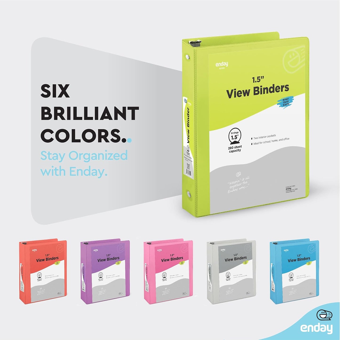 3 Ring Binder, 1.5 Inch Clear View Cover with 2 Inside Pockets Binder, Colored School Supplies 1 ½ Inch Round Ring Binders, in Pink, Red, Blue, Purple, Green, and Grey, Multicolor (6 PC) – by Enday