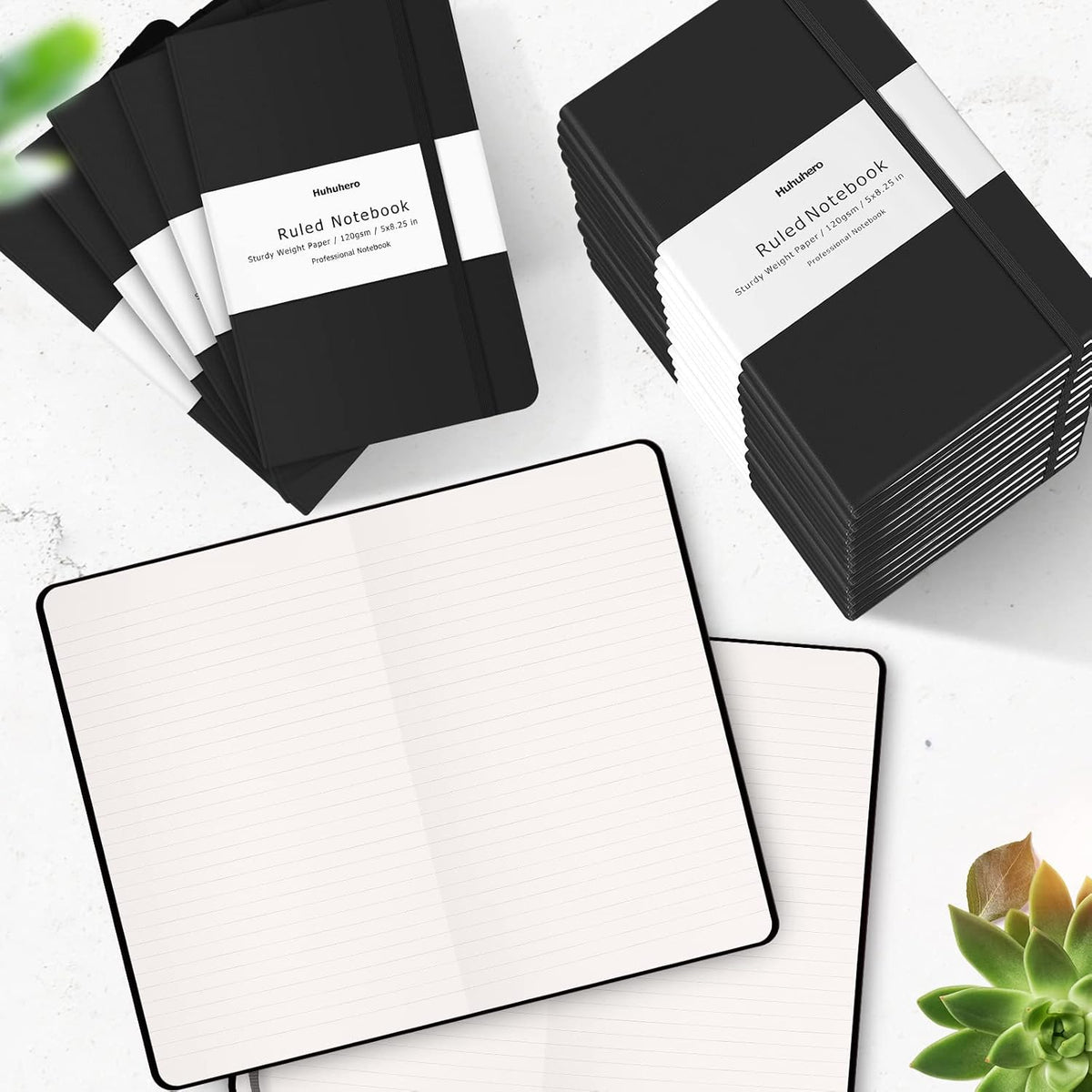 Huhuhero Lined Journal Notebook, 20 Pack Hardcover College Ruled Notebooks for Work School Note Taking, 120 Gsm Thick Paper Journals for Writing, Office School Supplies, 5"×8.25", Black