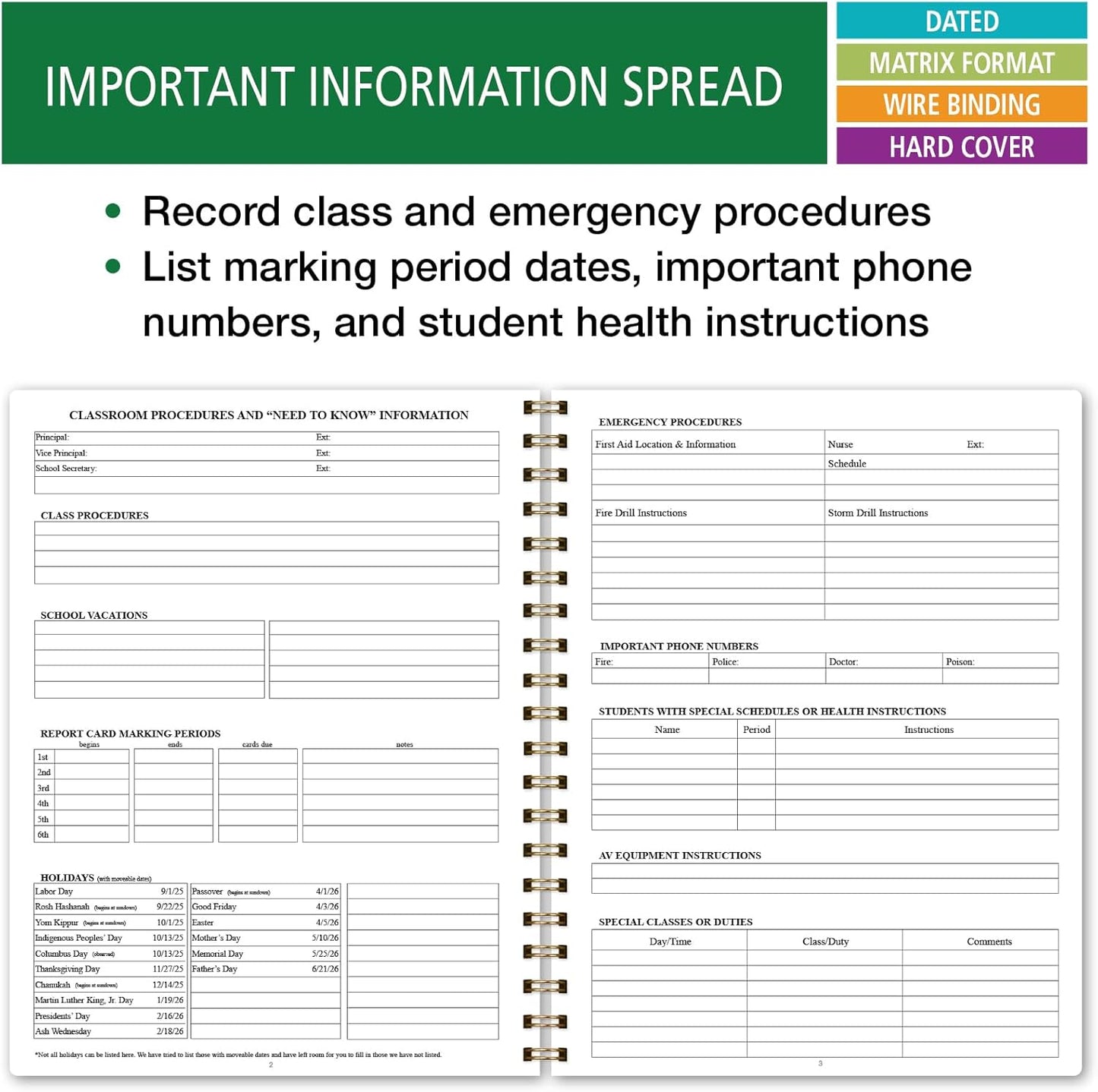 Elan Publishing Company HARDCOVER 7 Period Dated Teacher Lesson Plan; Days Horizontally Across The Top Dated for 2025-2026 Academic Year with Bonus Clip-in Bookmark (Teal Floral)