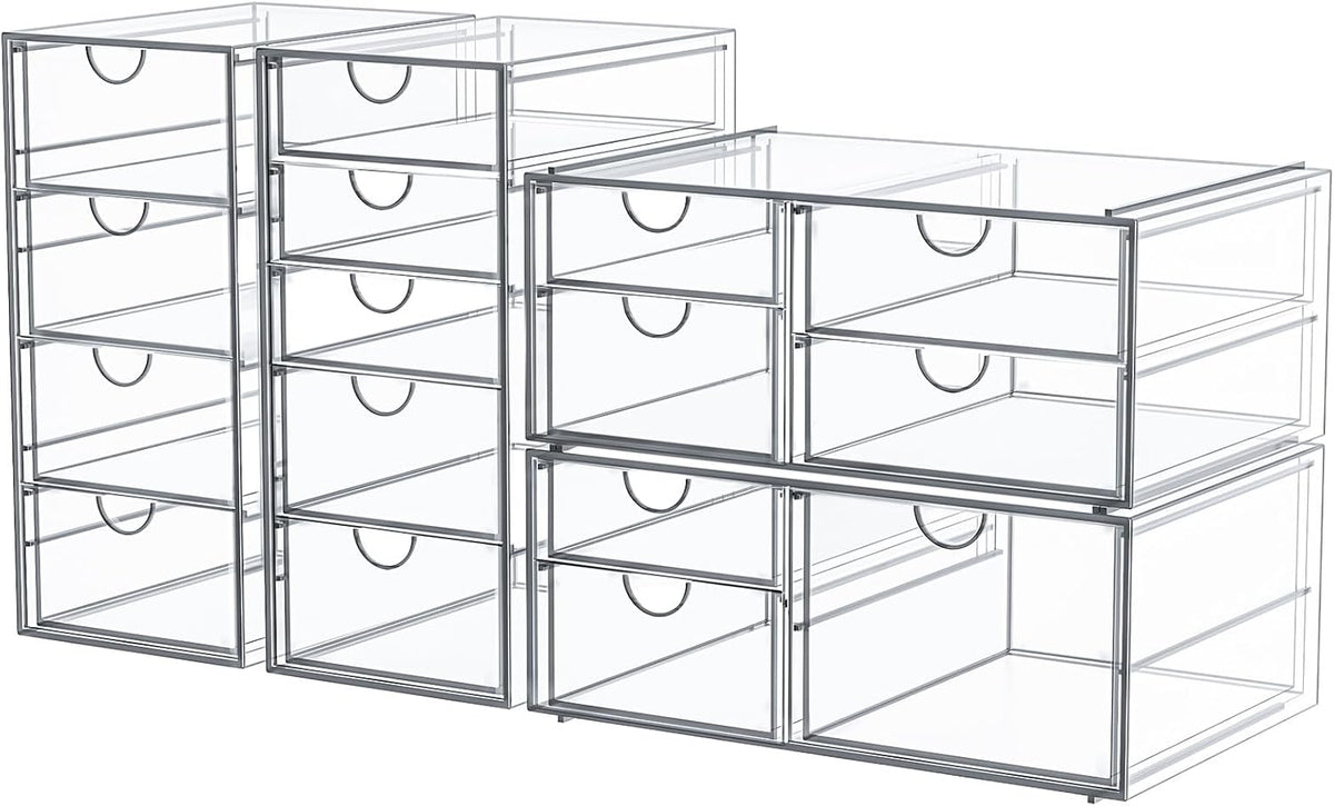 Makeup Organizer Storage With 16 Drawers, 4 Pcs Desktop Office Supplies, Desk Organizers, Clear Accessories, Dustproof Drawer and for Make Up, Jewelry, Pen, Stationary