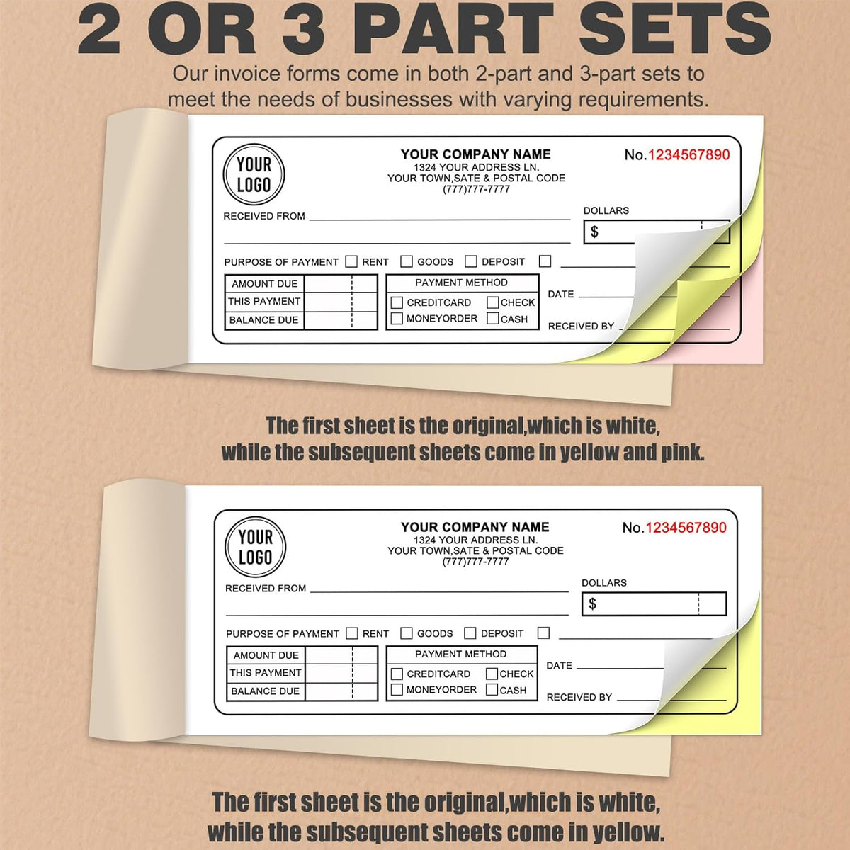 Custom 8.5" x 7" Invoices Receipts Carbonless Books in 2-Part Duplicate Personalized Company Address Name Phone Number 100 Sets