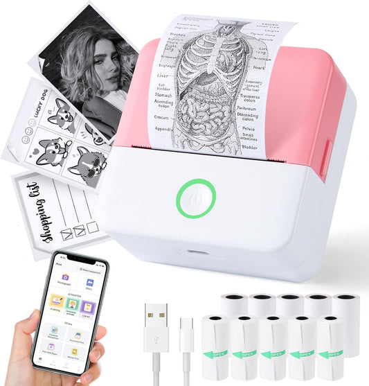 Print Pods Mini Printer, Thermal Inkless Sticker Maker with 10 Rolls Printing Paper, Pocket Printpod for phone, Impresora Portátil for Notes, Flashcards, Journal, DIY, Compatible with iOS & Android