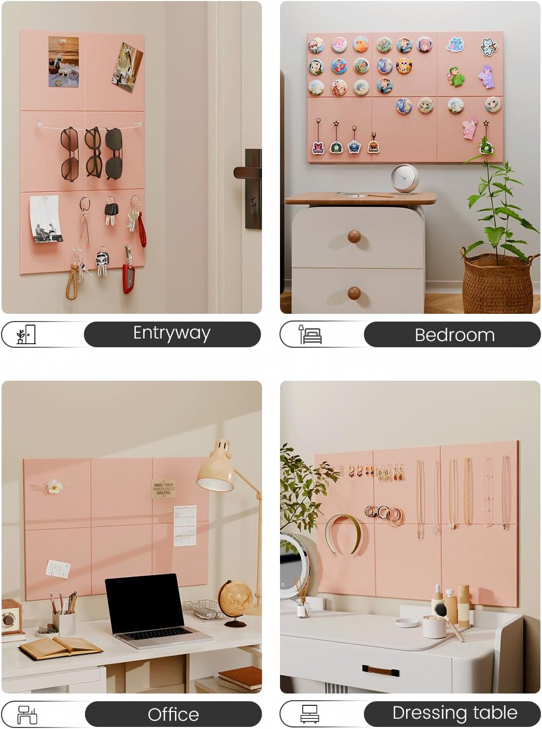 Felt Bulletin Board Tiles -28"x18" Cork Board Alternative for Office Decor, Push Pin Board Wall Organizer 6-Pack - Pink