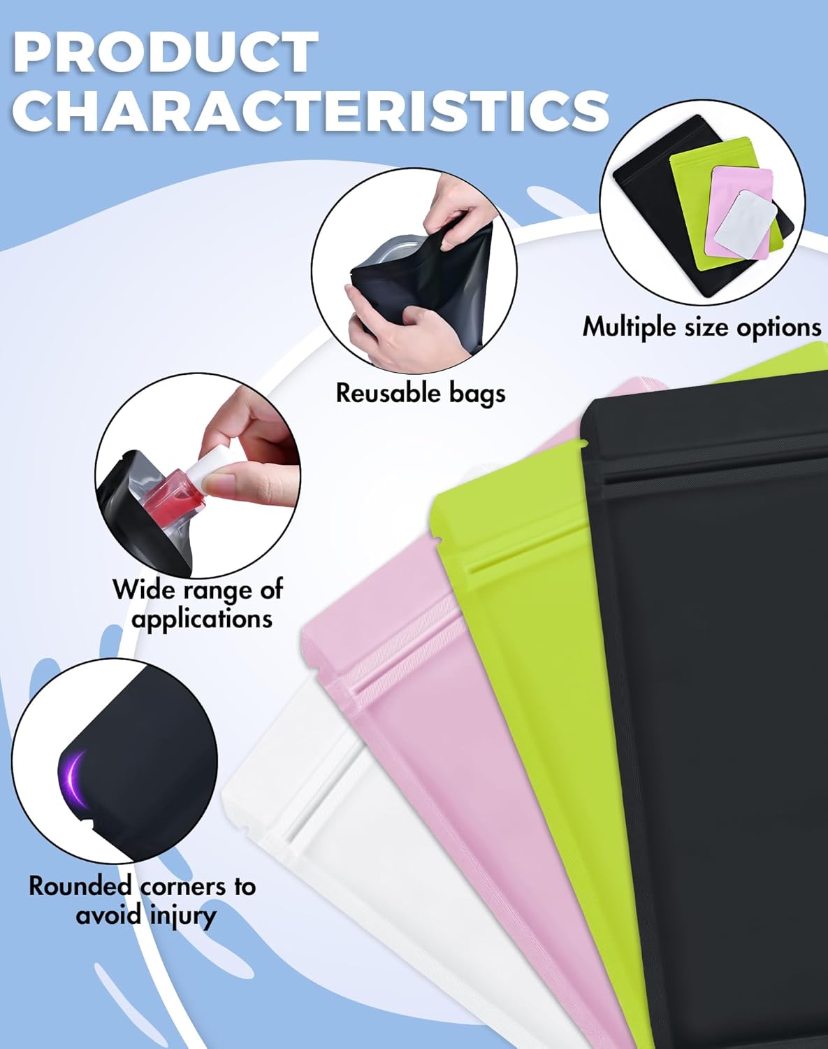 100 Pack Resealable Packaging Bags for Small Business Double-Sided Color Smell Proof Bags for Food Storage Flat Bags (Black, 5.5" x 7.8")