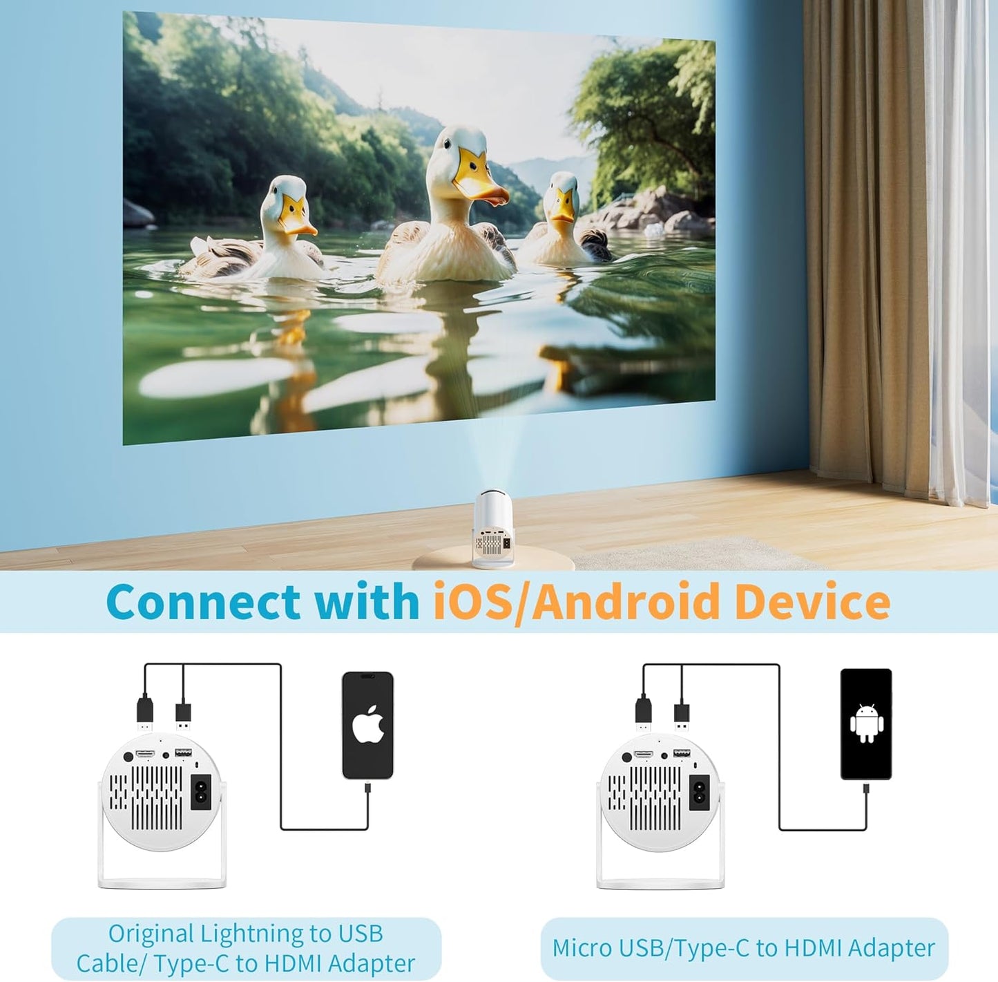 Mini Projector Portable Proyector 4K Support, Full HD 1080P Small Projector with 270° Rotatable Stand, Movie Projector Compatible with TV Stick/Smartphone/HDMI/USB for Bedroom/ Outdoor Camping