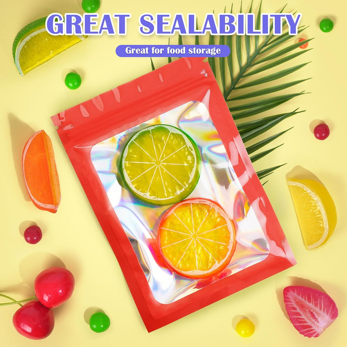 300 Pcs Mylar Bags, Smell Proof Bags Foil Pouch, Holographic Resealable Bags for Small Business, Candy Sample Jewelry Bag Sealable Packaging for Party Favor Food Storage (4x6in-Red)