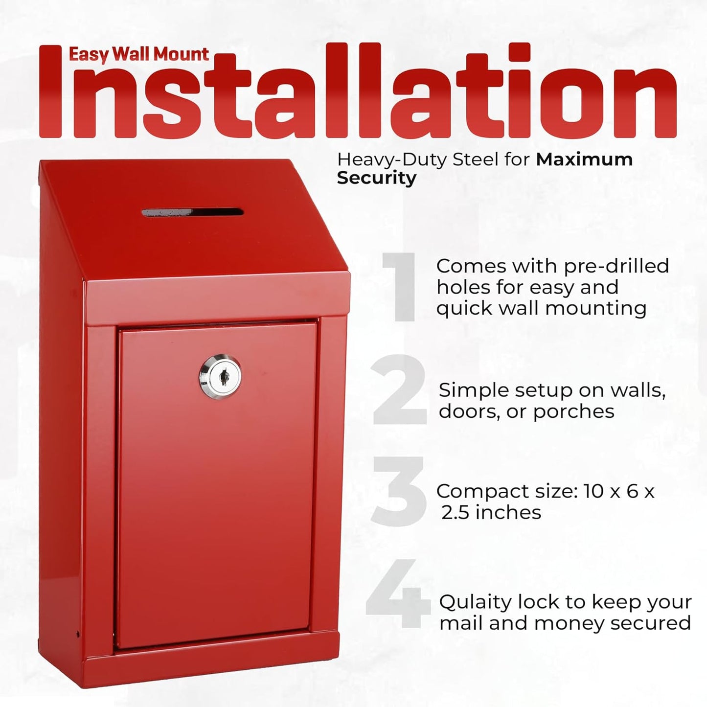 Metal Donation Box-Suggestion Box with Slot and lock-Cash Lock box for Money-Secure Drop Box-Comment and ballot voting box-comes with pre-drilled holes for easy wall mounting 10 X 6 X 2.5"(Red)