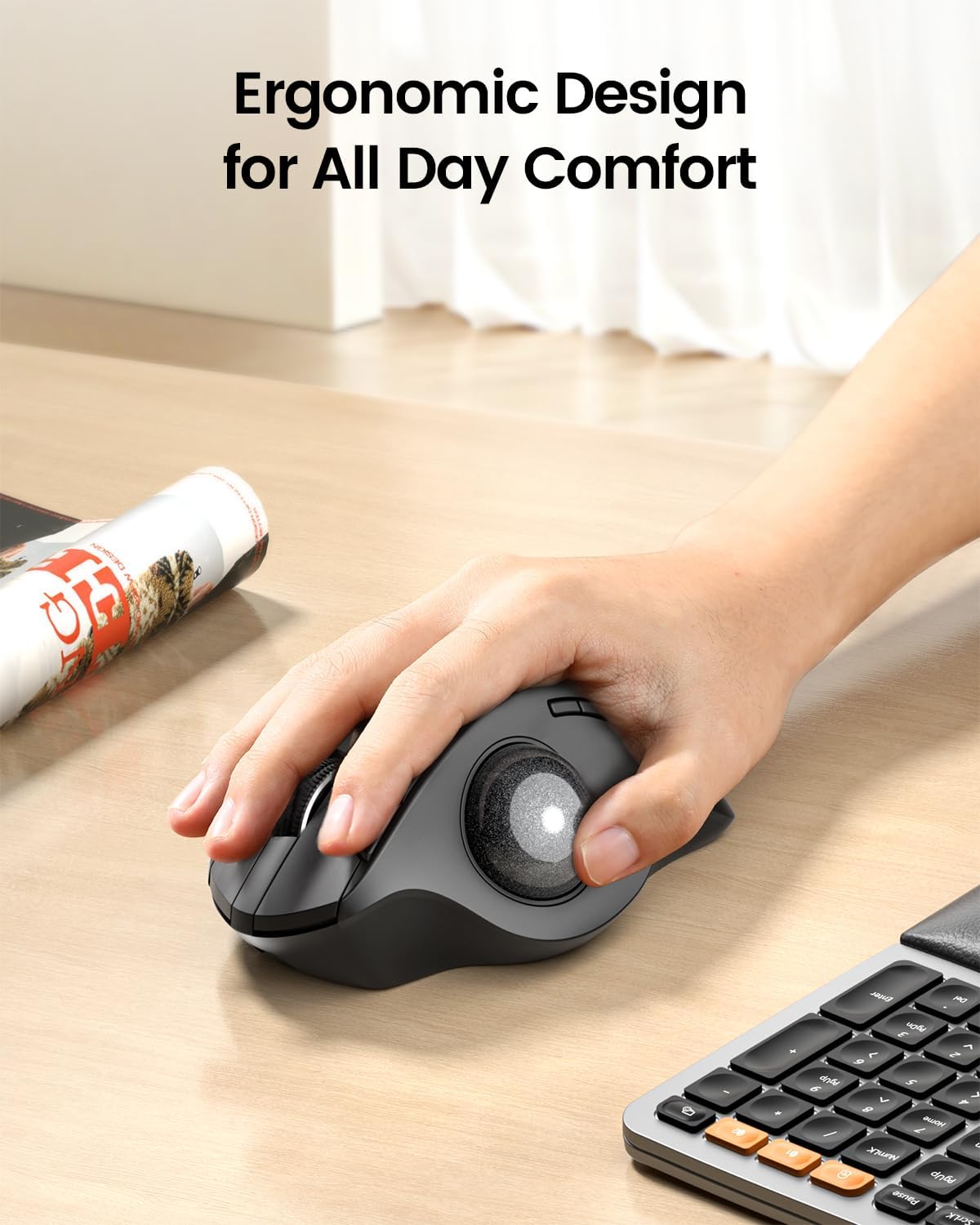 ProtoArc Wireless Trackball Mouse, EM01 NL Ergonomic Bluetooth Rollerball Thumb Rechargeable Computer Laptop Mouse, Adjustable Angle & 3 Device Connection for PC, Mac, Windows-Gray Ball