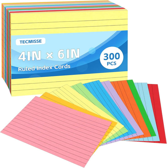 Tecmisse Colored Index Cards 4x6, 300 Pack, 10 Colors Ruled Note Cards, Flash Cards for Studying, Heavy Notecards for Office and School, One Side Lined, One Side Blank