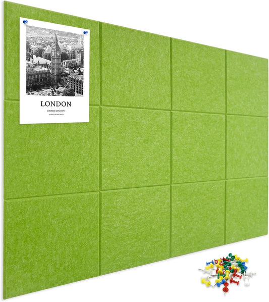 Large Cork Board for Wall 12 Pack, Bulletin Board 48" X 36", Felt Board Wall Tiles with 72 Damage-Free Removable Pads & Push Pins, Alternative Pin Board Cork Board for Office Home, Green