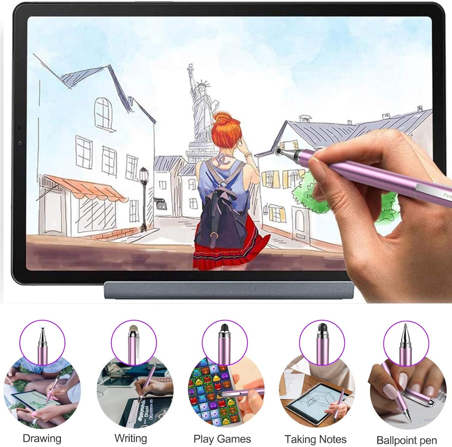 Penyeah 4-in-1 Stylus Pen for Touchscreens, Accurate & Versatile Capacitive Stylus Pen for iPhone,iPad,Android Phones,Tablets- Disc+Rubbe+Mesh Tips Universal for All Touch Screen Devices - Pinky Gold