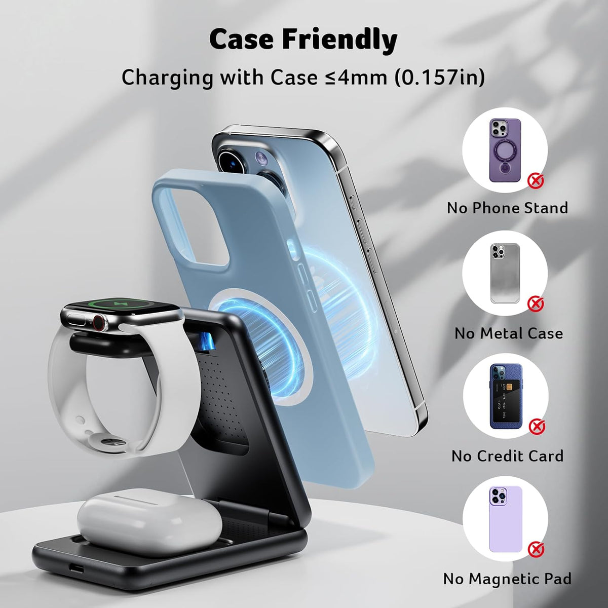 Acer Magnetic Wireless Charger, 3 in 1 Wireless Charging Station, 15W Fast MagSafe Charger for iPhone 16 15 14 13 12 Series -Apple Watch 10 9 8 7 6 5 4 3 2 SE and Ultra Series-Airpods 4 3 2 Pro Series