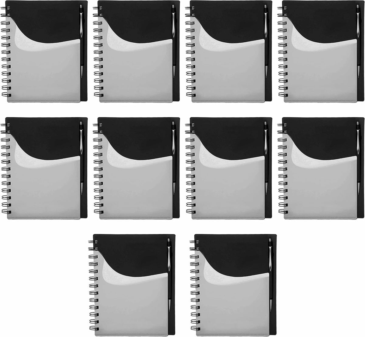 DISCOUNT PROMOS Spiral Notebooks with Front Pocket Set of 10, Bulk Pack - Durable Plastic Cover, Includes Matching Pen in Blank Ink, Perfect for School, Office, Home - Black