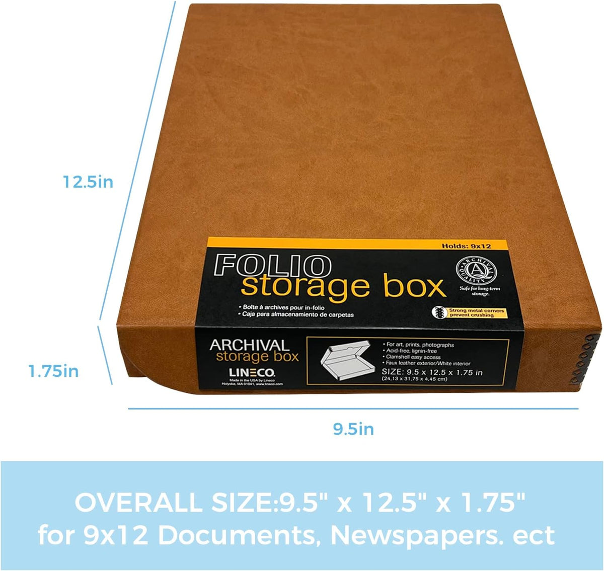Lineco Folio Storage Box, Faux Leather Cover, Clamshell Design, 9.5x12.5x1.75 Inches, Archival Boxboard, Preserve Photos, Cards, Magazines, Documents, Art, Ephemera, Family Records, Tan, Pack of 1
