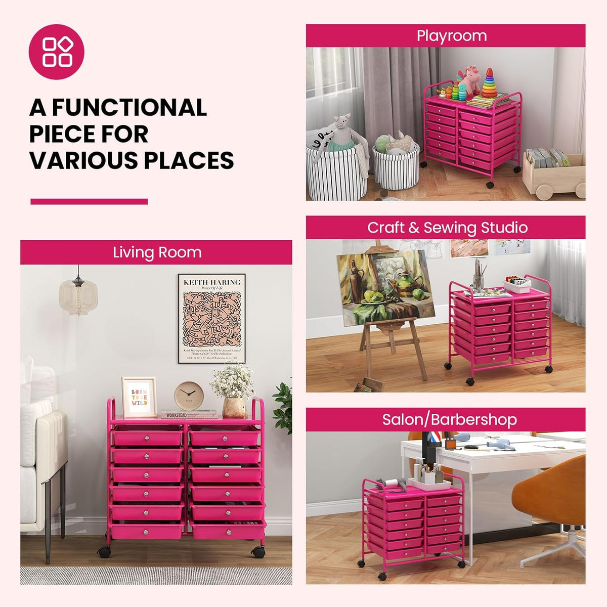 Giantex 12 Drawers Rolling Cart, Mobile Storage Drawer Cart, Classroom Organizer Cart for Office School Supplies Tools Scrapbook Paper Craft Small Printer, Utility Cart on Wheels, Hot Pink