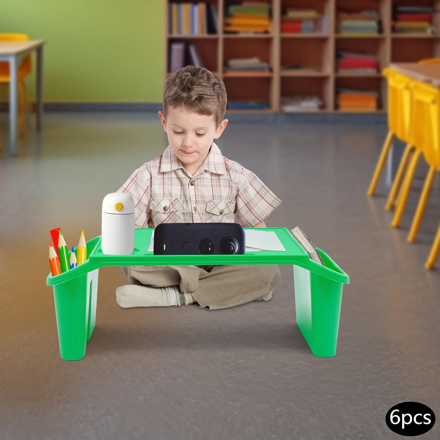 6 Pack Kids Lap Desk Tray with Storage Slots, Portable Lap Desk, Activity Tray, Drawing, Stackable, Writing, Eating, Classroom, 19.69" L x 9.84" W x 7.1" H (Green)