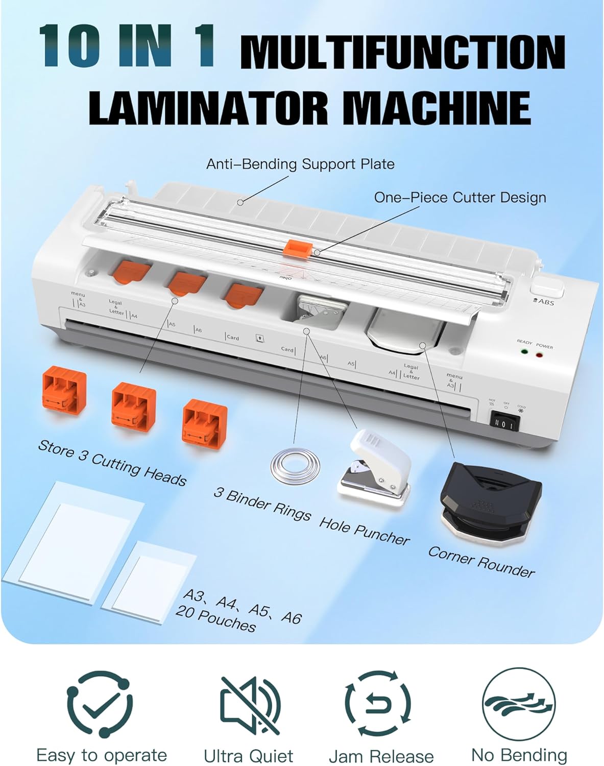 13 Inch Laminator Machine with Auto Paper Feed, Never Jam A3 Thermal & Cold Lamination, 20 Laminating Sheets, 10-in-1 Laminator with Cutter, Trimmer & Corner Rounder for Office School Home Use White