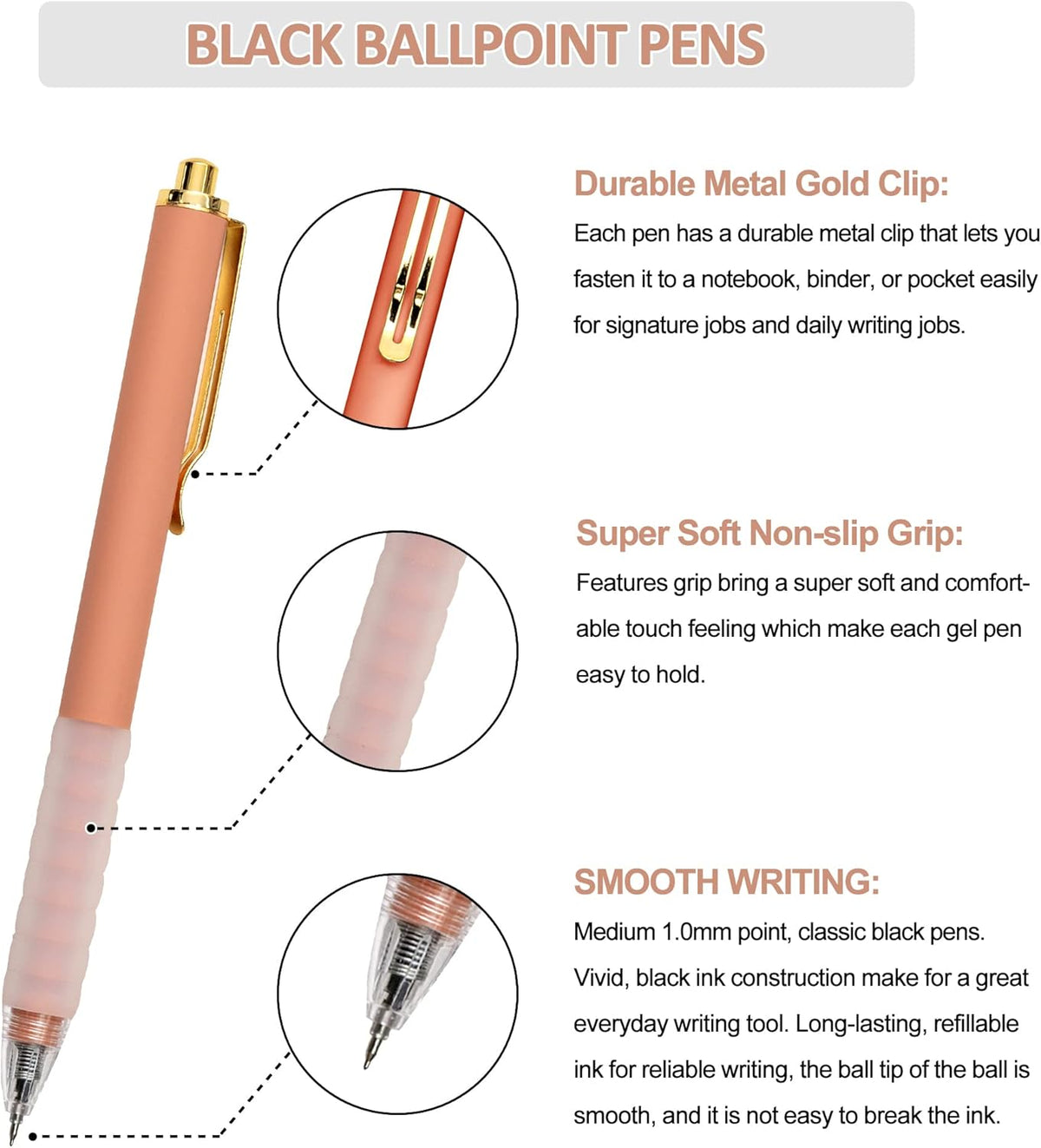 Linbsunne Ballpoint Pens Medium Point 1mm Black Ink Work Pen with Super Soft Grip Ball Point Pen for Men Women Retractable Office Pens (Gold Clip-12 count)