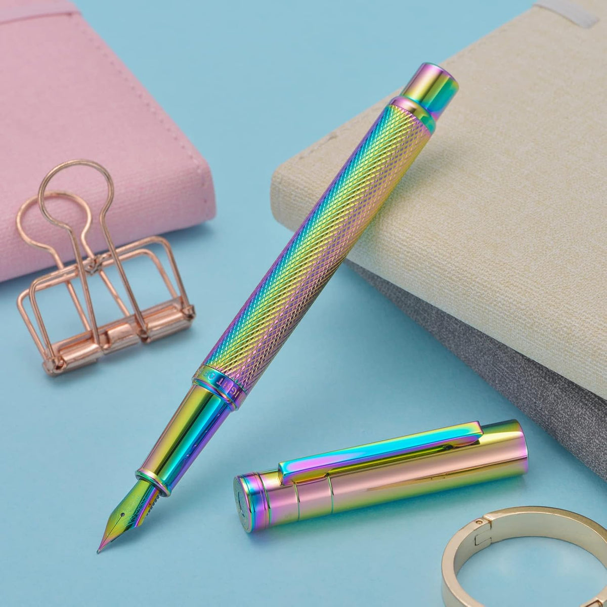 Asvine Hongdian Forest Fountain Pen Fine Nib Rainbow Color with Converter and Metal Pen Box Set