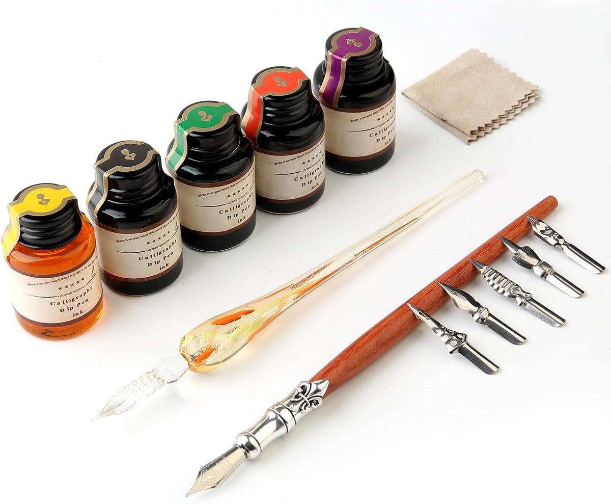 GC QUILL MU-02 Calligraphy Pen Set, Glass Dip Pen and Handcrafted Wooden Dip Pen Gift Set with 5 Colors Calligraphy Ink 6 Nibs, Calligraphy Set for Beginners
