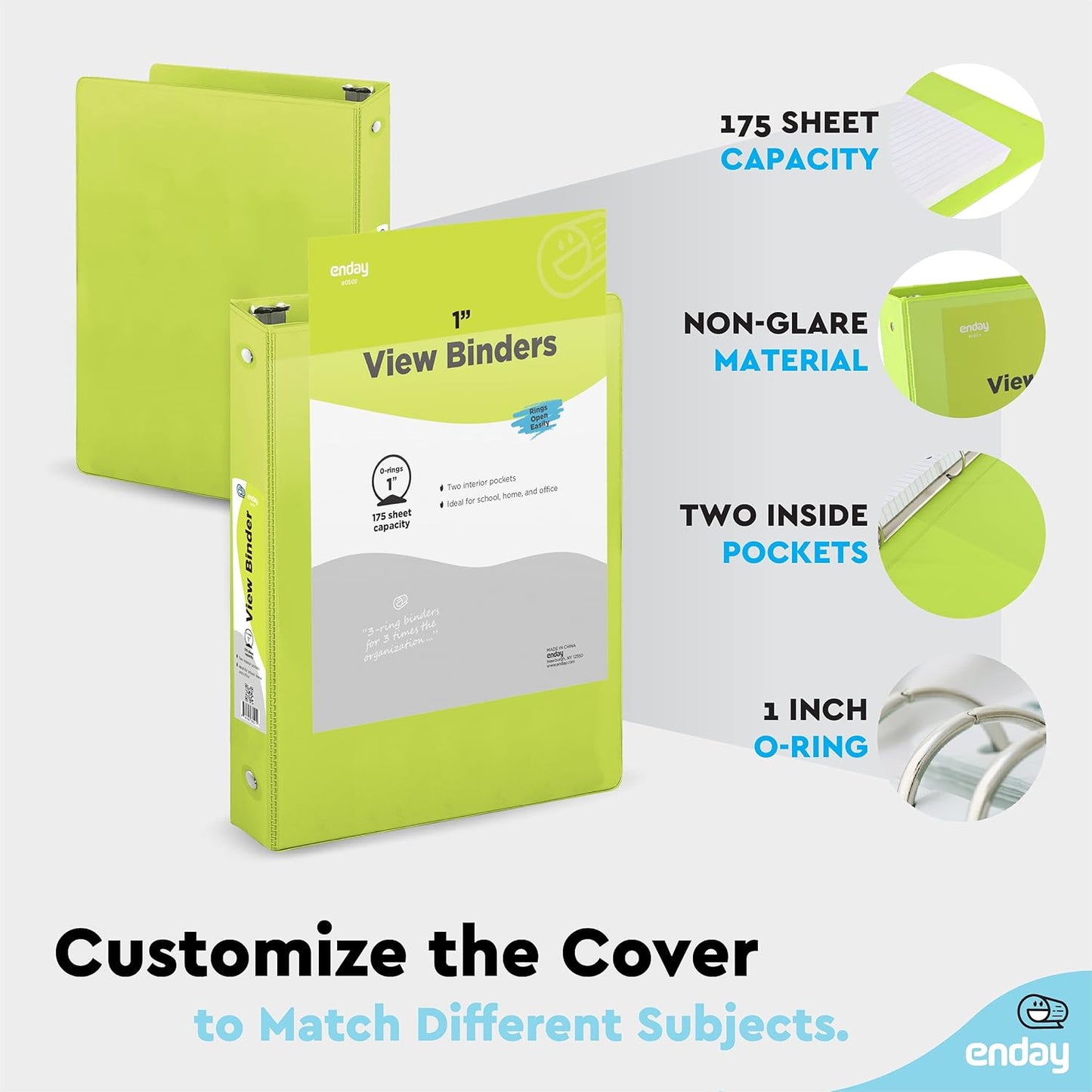 3 Ring Binder Green, 1 Inch, 1” Clear View Cover with 2 Inside Pockets Round Ring Binder, Colored School Supplies Binders, Also Available in Pink, Blue, Purple, Grey, and Red (6 PC) – by Enday