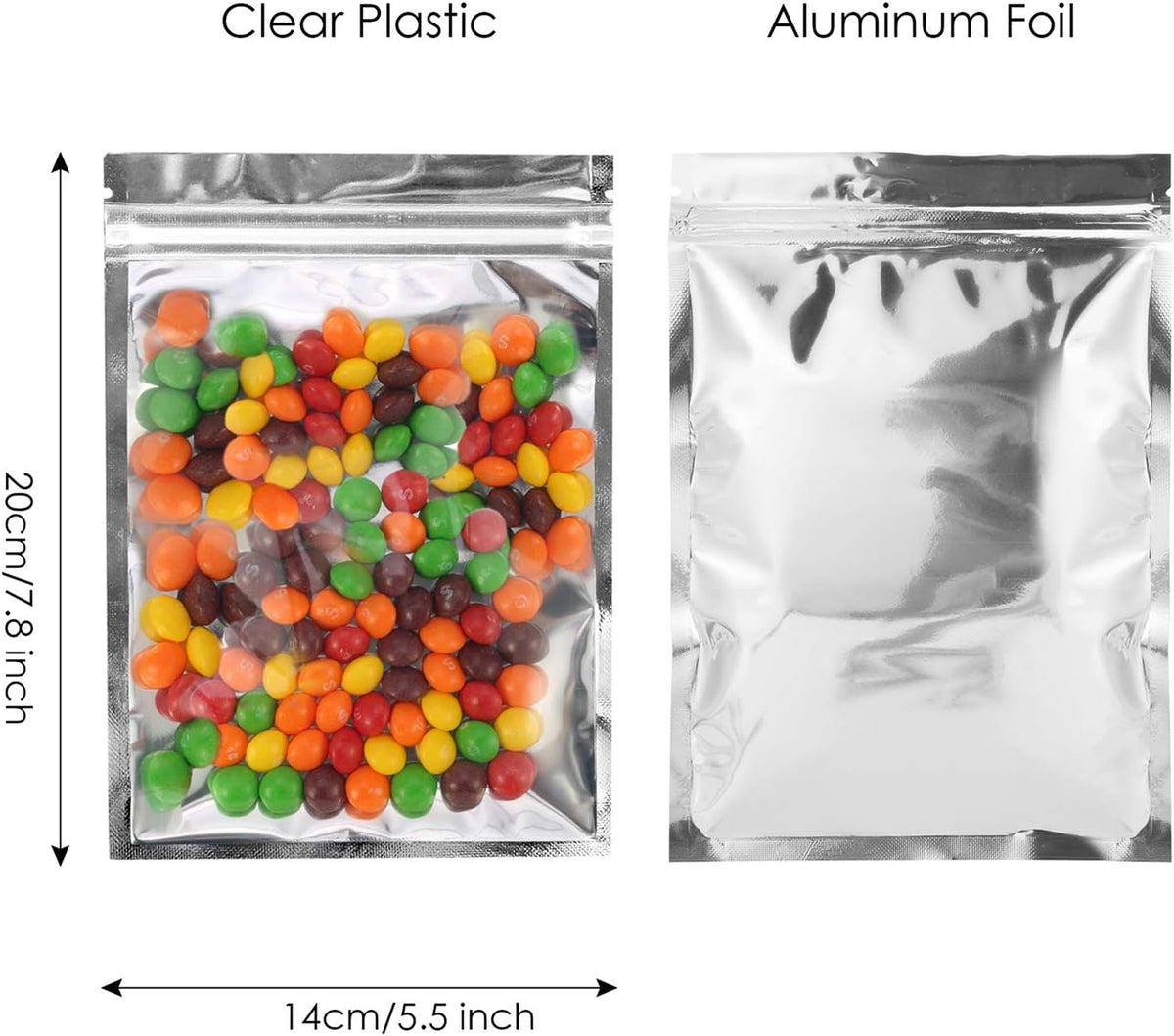Resealable Mylar Bags | 100 Pcs 5.5 X 7.8 Inch | Smell Proof Bag Heat Seal Cute Packaging Foil Food Sealable Small Front Clear Plastic Silver for Storage Candy Beef Jerky Jewerly Product