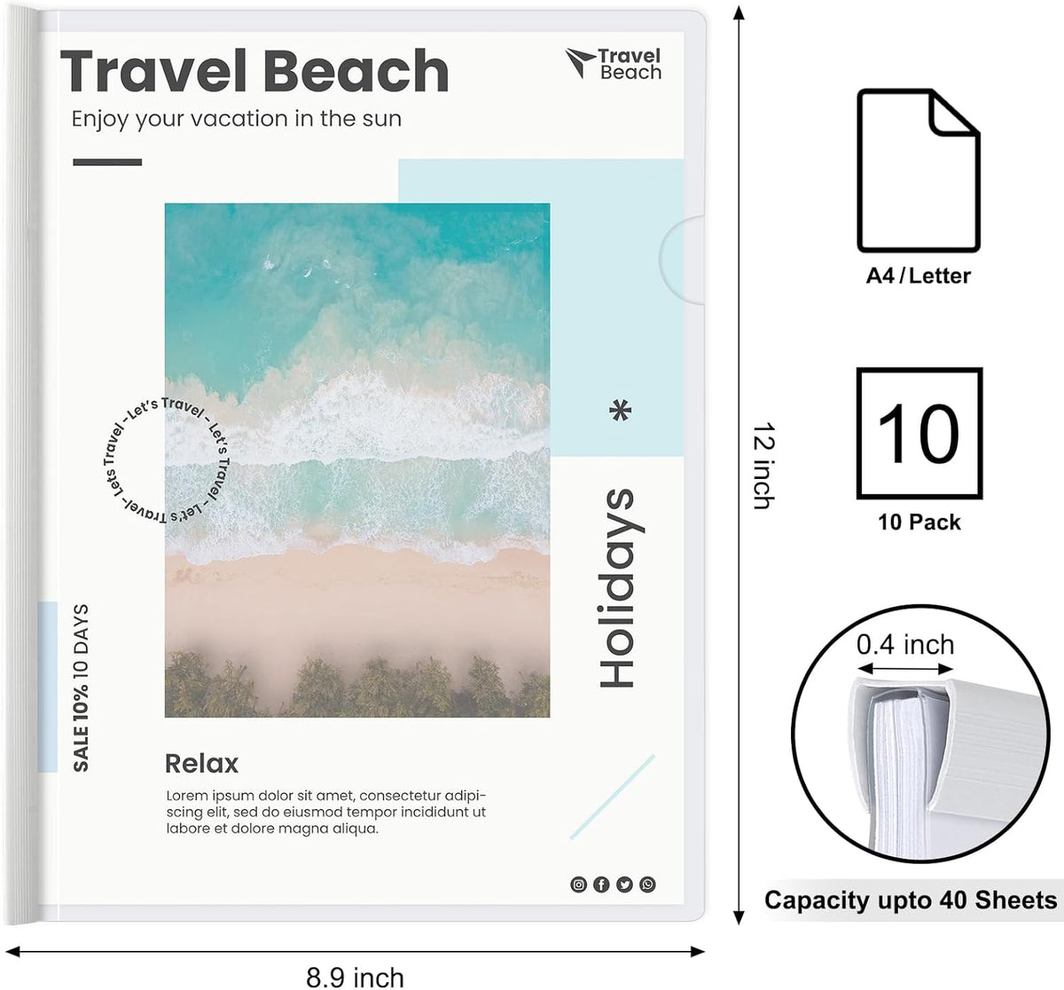 JOERSH 10Pcs Clear Report Covers with Sliding Bar, 40 Sheet Capacity Plastic Binder Paper Protector, Report Folders with Clear Cover for Resume File Documents, 5 Colors