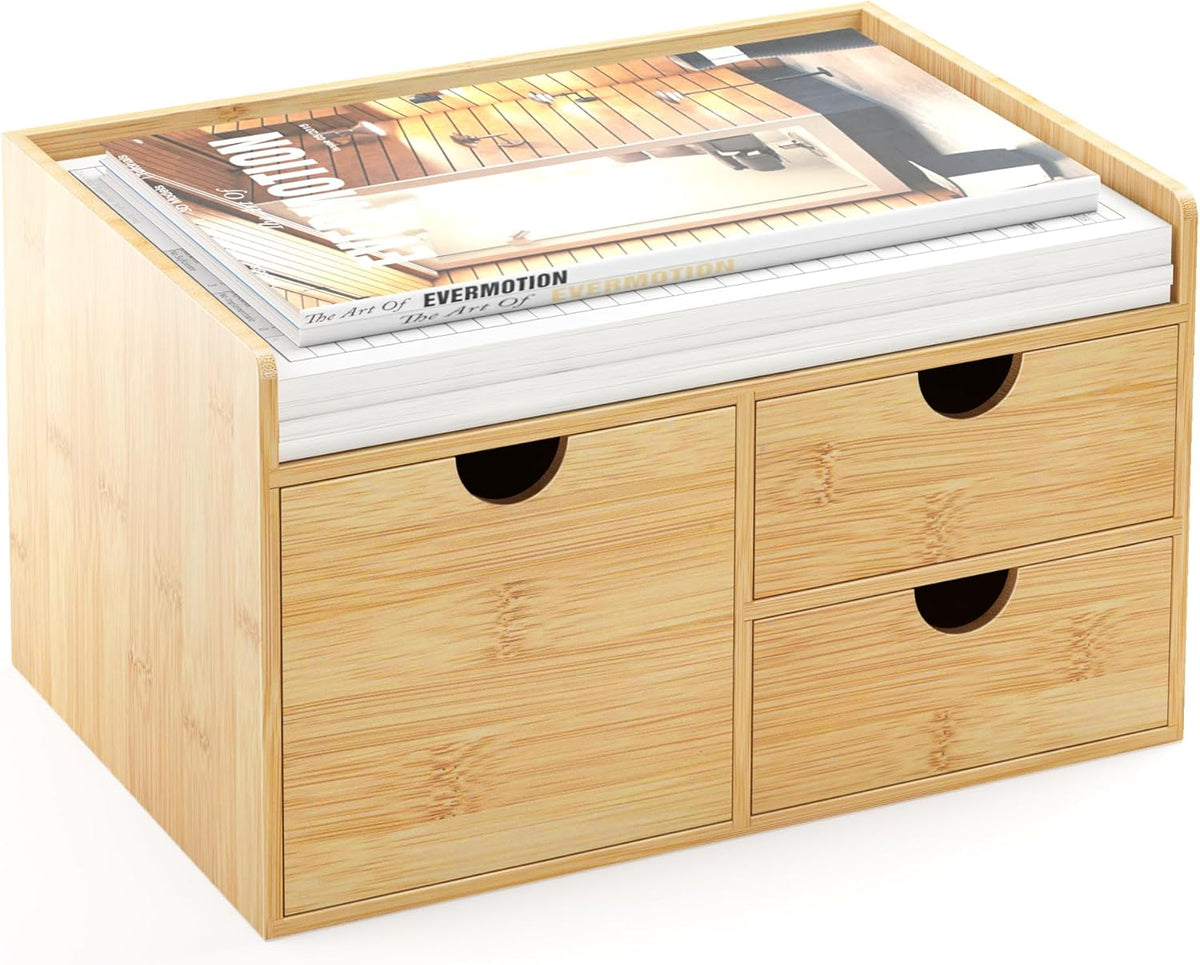 Desk Organizer with Drawers - Bamboo Desktop Organizer Storage | Wood Desk Drawers Organizer for Bills, Office Supplies, Cosmetics, Seals No Assembly Required (3 Drawer with Big Drawer)