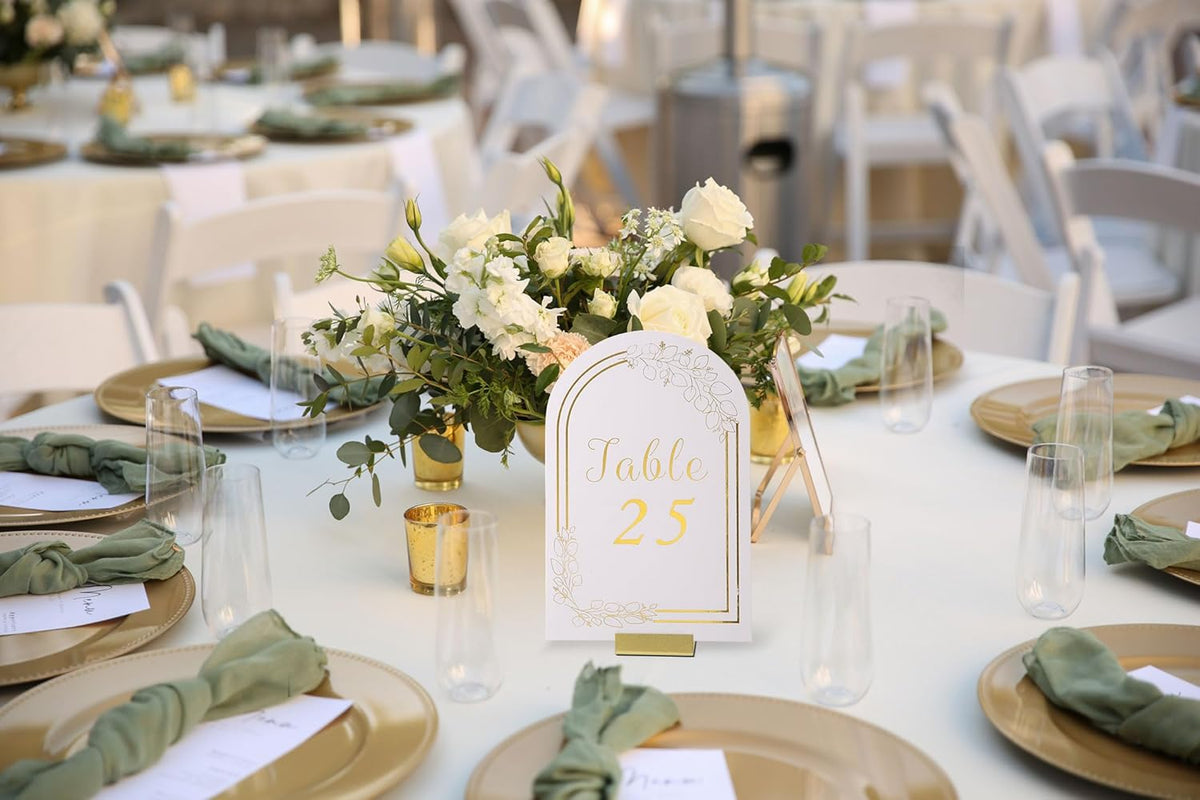 Gold Table Number Holders, 24-Pack Metal Place Card Stands & Picture Holders with Storage Box - Ideal for Weddings, Anniversaries, and Parties