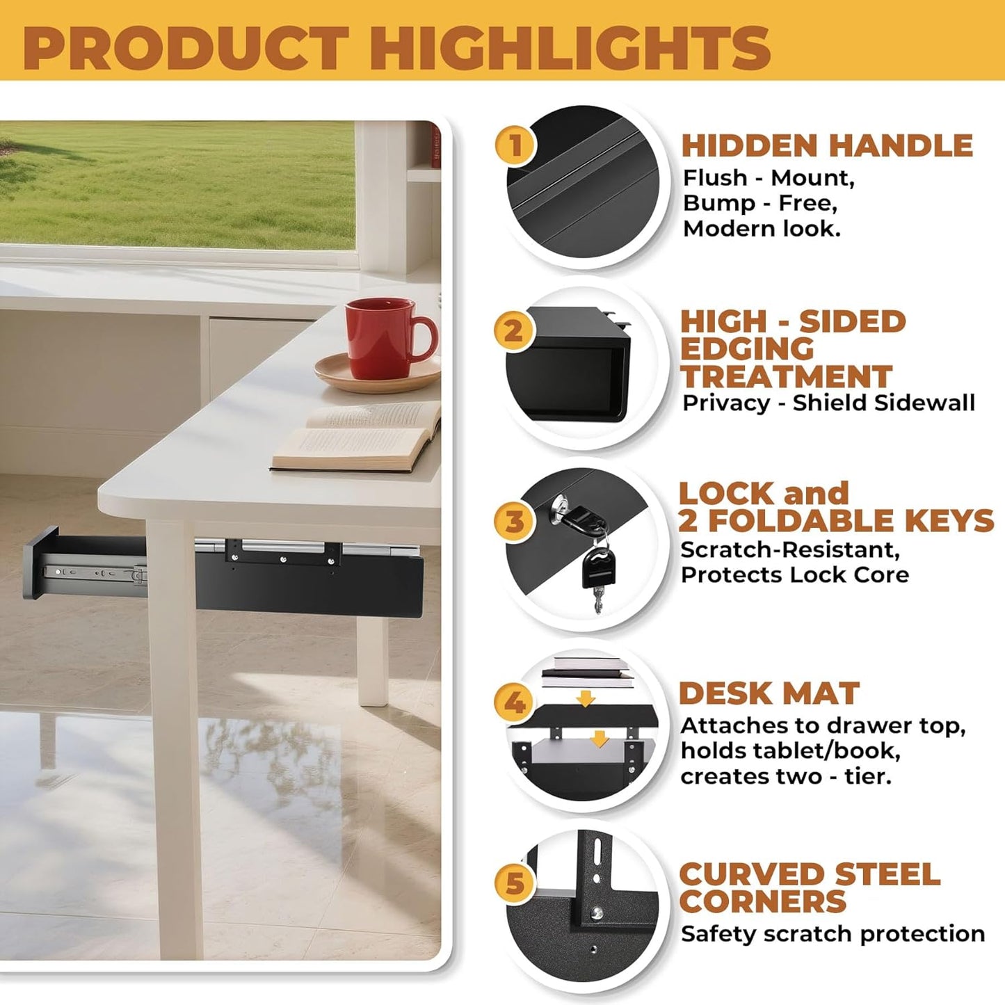 POPMOON 14 In Under Desk Drawer,Under Desk Pull Out Drawer with Lock and Keys,Adjustable Height, Metal Storage Drawer with Slide Extension Mounted Under Flat Wooden Table or Workbench,Black