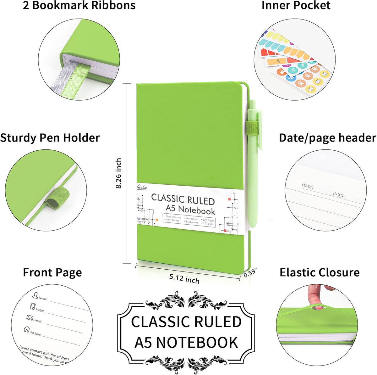 feela 5 Pack Notebooks Journals Bulk, Hardcover Notebook Classic Ruled Lined Journals with Pen Holder for Women Girls School Business Supplies, with 5 Black Pens, 120 GSM, 5.1”x8.3”, A5, Green