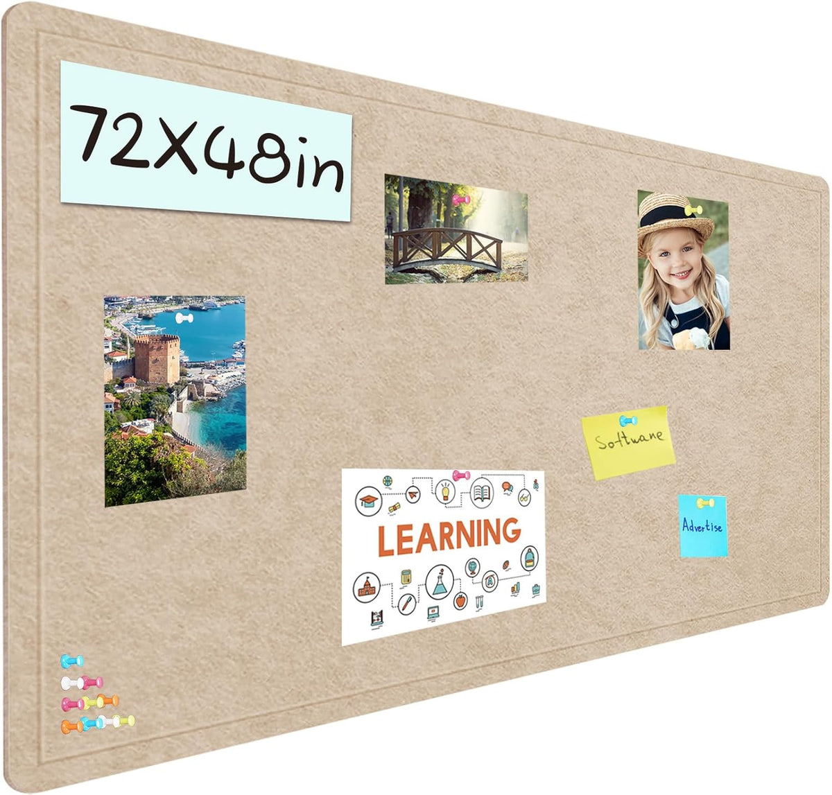 Large Bulletin Board - 72 X 48 inches Cork Board with 30 Pushpin, 6' x 4' Cork Board for Walls Pin Board, Self-Adhesive Felt Board Vision Board Foldable Photo Board for Wall (Beige Brown)