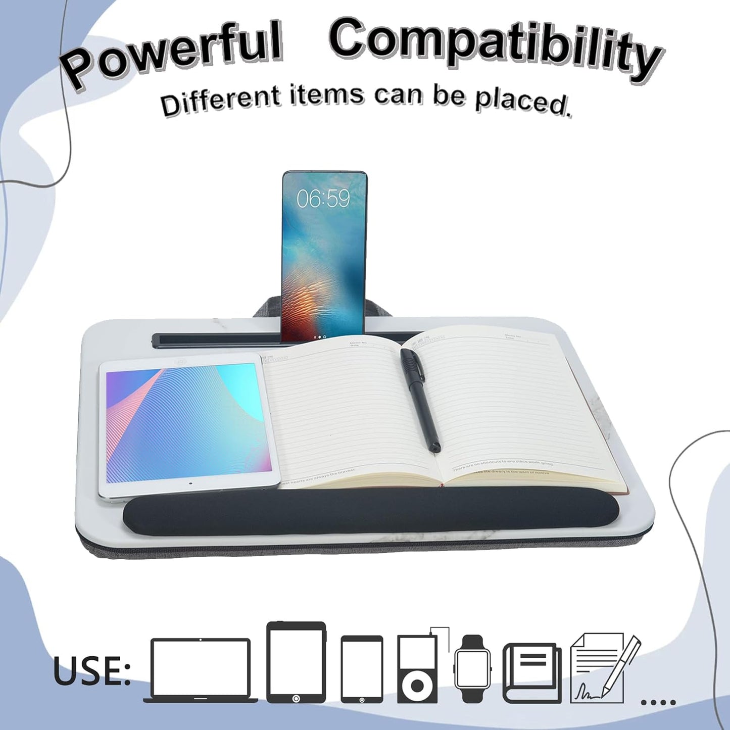 Portable Laptop Desk Fits Up to 16“ Laptops, with Tablet Slot, Built-in Cushion, Great for Home & Office,Lap Desk for Laptop,Lap Desk with Cushion (White Marble with Wrist Rest, Medium)