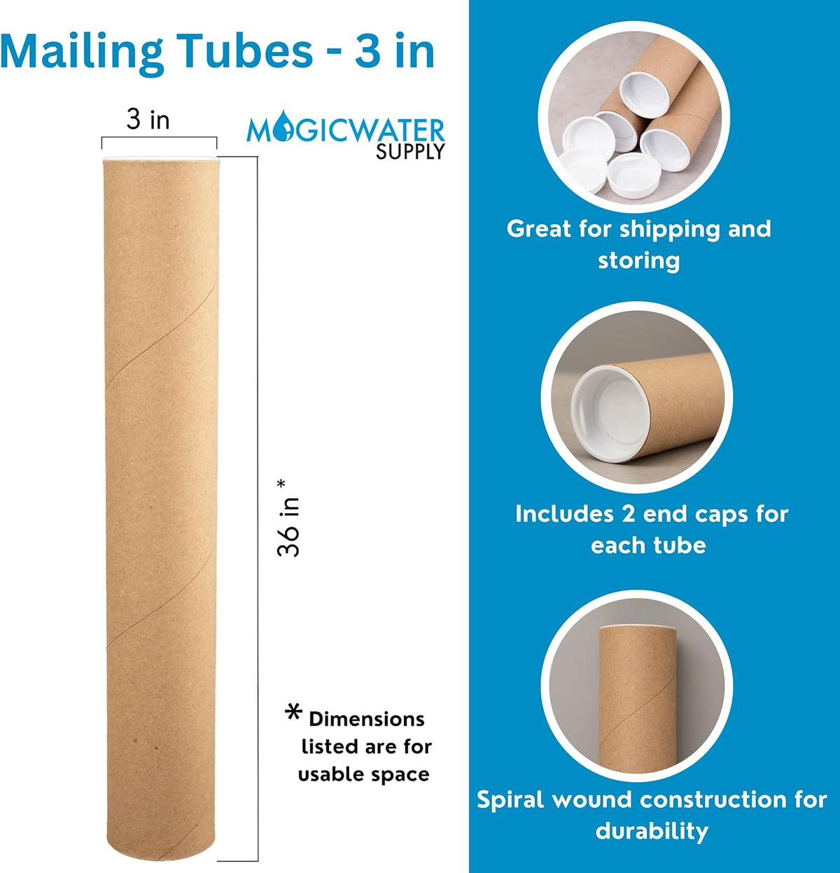 MagicWater Supply Mailing Tube - 3 in x 36 in - Kraft - 1 Pack - for Shipping and Storage of Posters, Arts, Crafts, and Documents