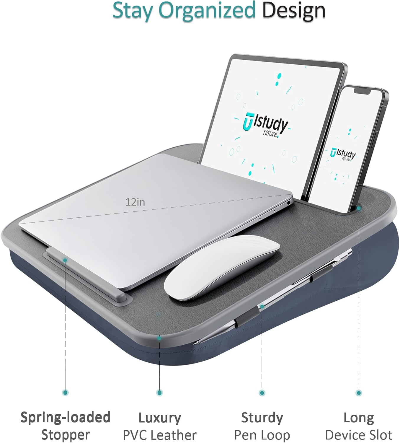 ISTUDYNITURE Portable Lap Desk with Cushion, Fits up to 15.6 inch Laptop, Laptop Stand with Device Ledge and Phone Holder, for Home Office (Grey, Small)