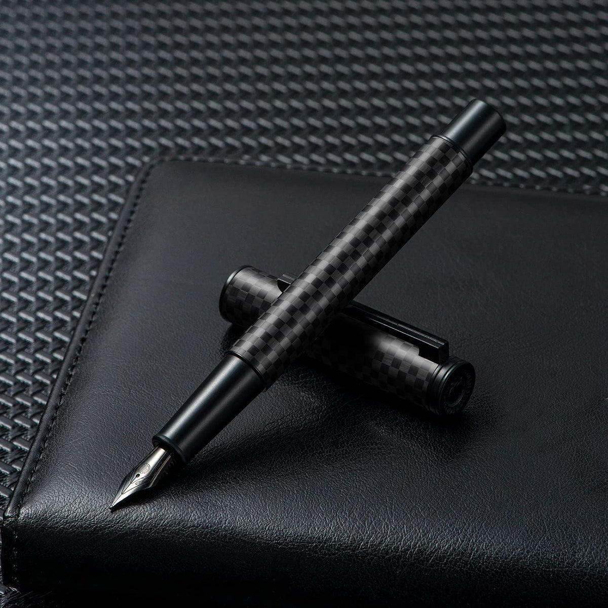 Hongdian Carbon Fiber Fountain Pen Fine Point, Slim Style with Converter and Metal Pen Case, The Light of Hope Serise